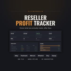 May include: A digital reseller profit tracker dashboard with a dark theme. The interface displays financial metrics including total invested, revenue, net profit, fees paid, sell-through rate, and inventory data, with platform labels for eBay, Poshmark, and Etsy.