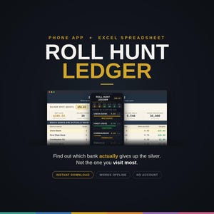 Coin Roll Hunting Tracker App + Excel Spreadsheet | Silver Hit Rate Calculator, Bank Comparison Log, Melt Value Tracker for CRH