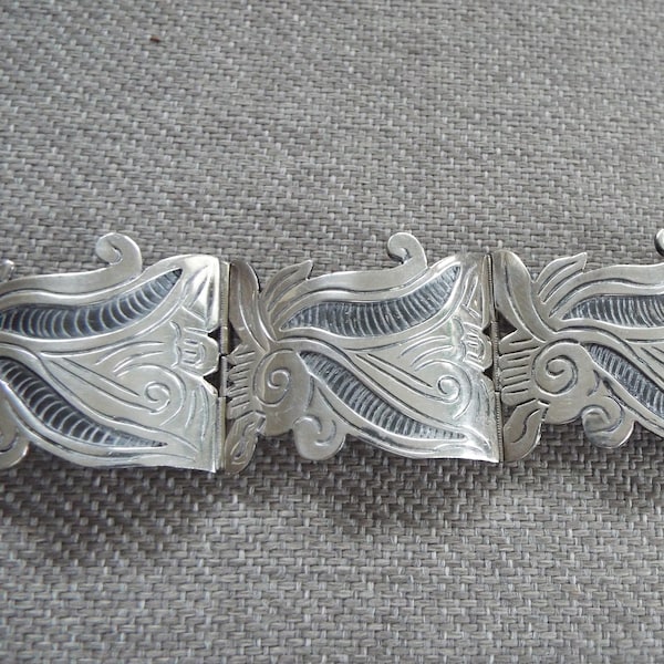 Mexican sterling silver panel Aztec design 55 grams bold bar link bracelet ROC sterling 925 Spratling style southwest