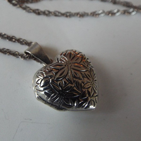 Victorian style sterling silver puffy  heart  locket and 18" chain silver repousse locket  flower embossed mourning locket