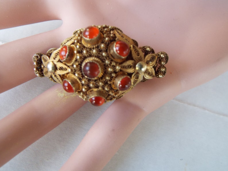 Chinese export brooch cannetille silver filigree Chinese carnelian brooch gold over sterling silver brooch pin hallmarked orange jade