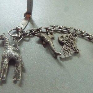 May include: A silver charm bracelet with various charms, including a giraffe, a dolphin, and a charm with the text "The Dark Corner".