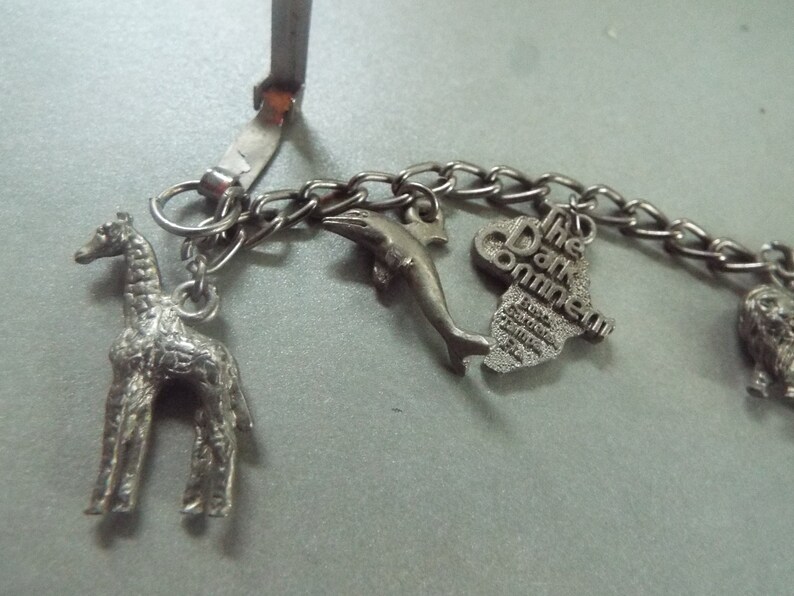May include: A silver charm bracelet with various charms, including a giraffe, a dolphin, and a charm with the text "The Dark Corner".