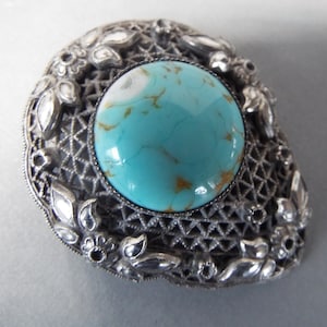 antique Art Nouveau sterling silver turquoise Czech glass  filigree fur clip dress clip