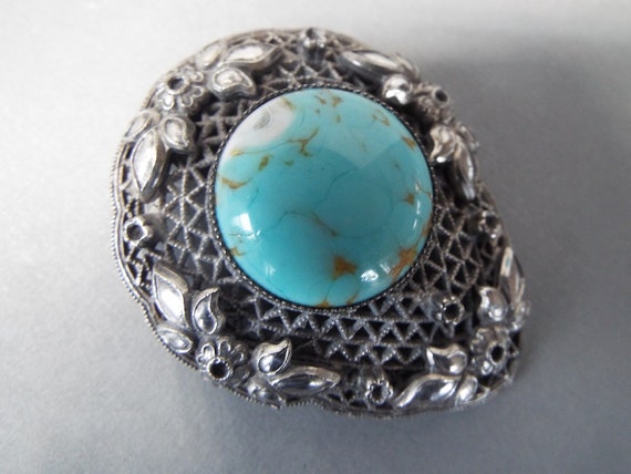 antique Art Nouveau sterling silver turquoise Cze… - image 1