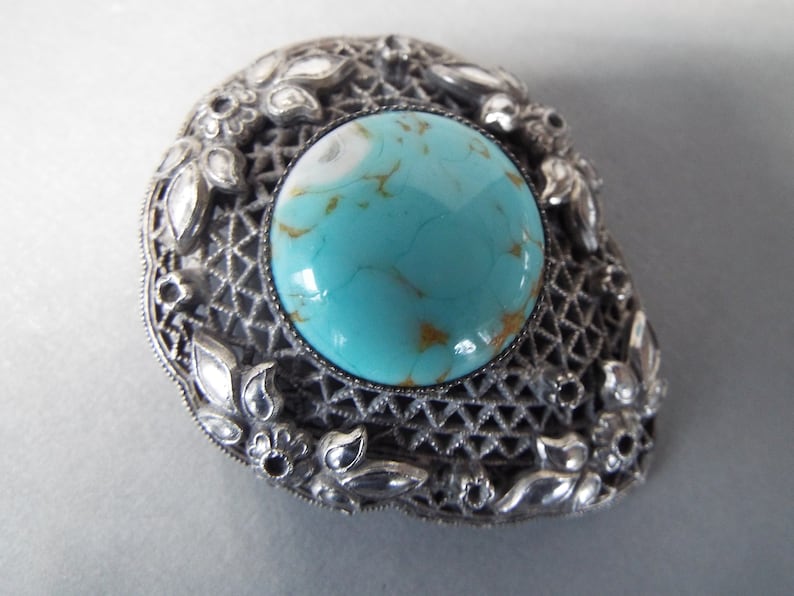 antique Art Nouveau sterling silver turquoise Czech glass filigree fur clip dress clip image 1