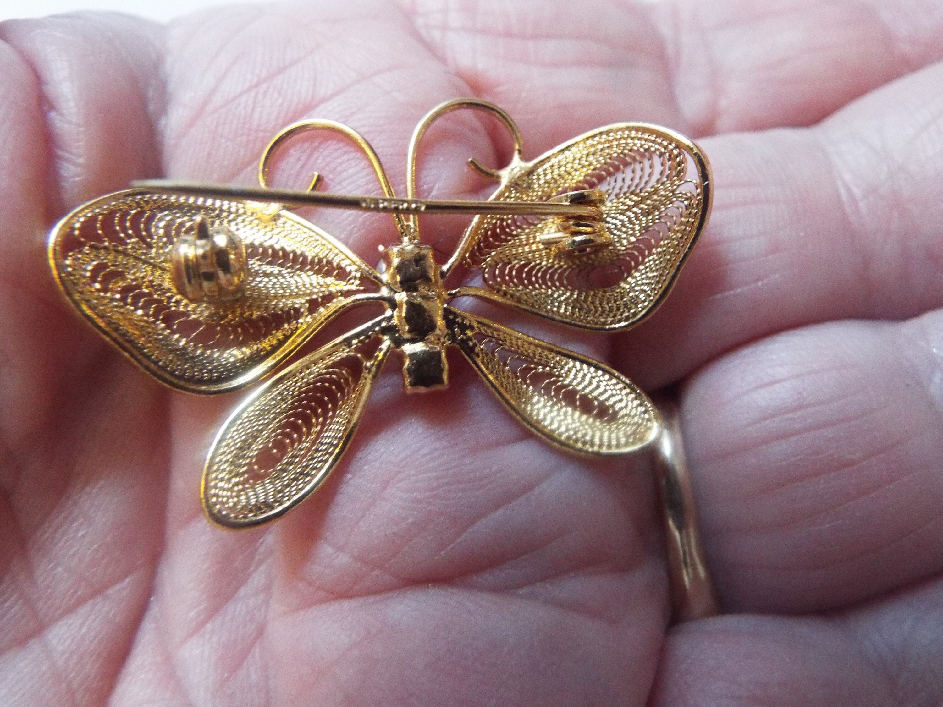 Vintage Gold Tone Napier Butterfly Pearl Filigree Brooch 