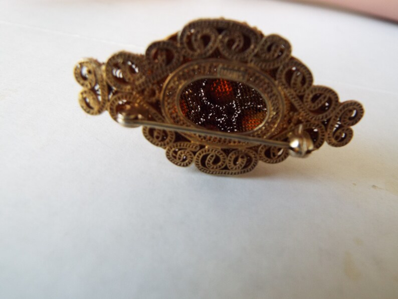 Chinese export brooch cannetille silver filigree Chinese carnelian brooch gold over sterling silver brooch pin hallmarked orange jade