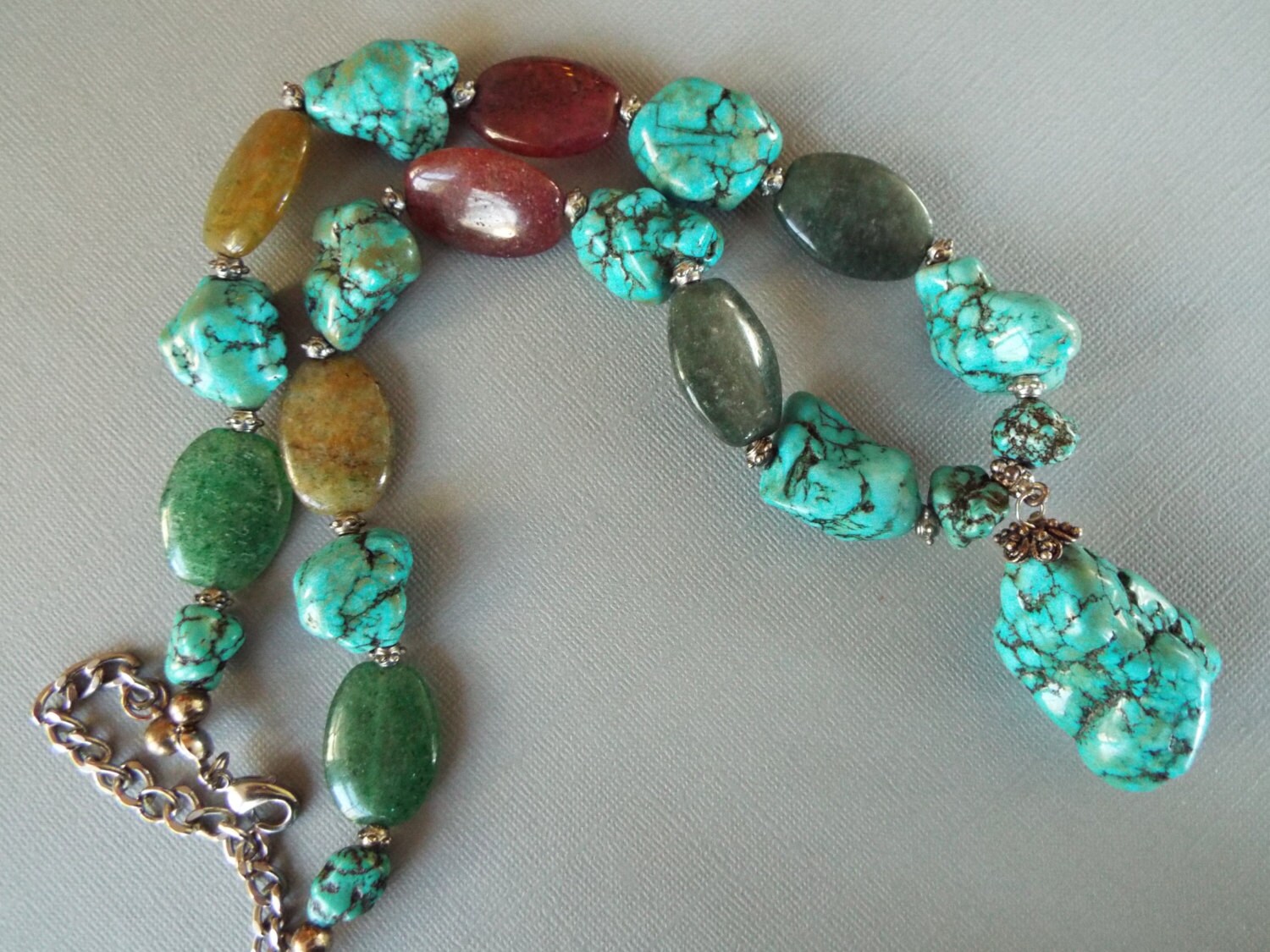 Large Chunky Dyed Howlite Turquoise Nugget Y Necklace With Large Quartz ...