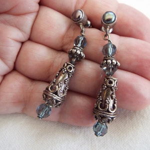 Etruscan style sterling silver  grey pearl blue crystal  drop earrings cannetille