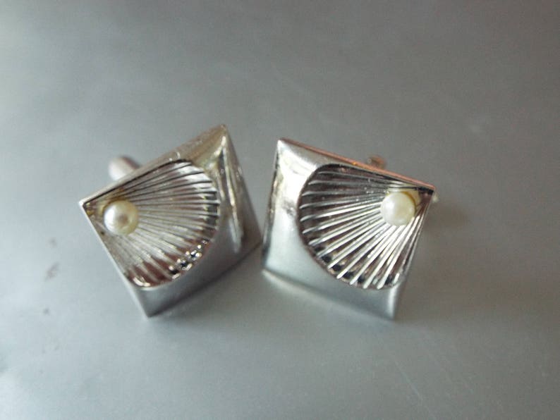 Swank Retro silver plated square cultured pearl shell cuff links modernist tux tuxedo set groomsmen