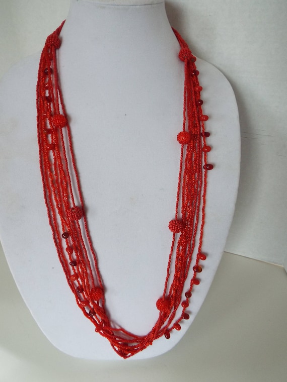 34" Tribal African  Boho red coral seed bead  red… - image 1