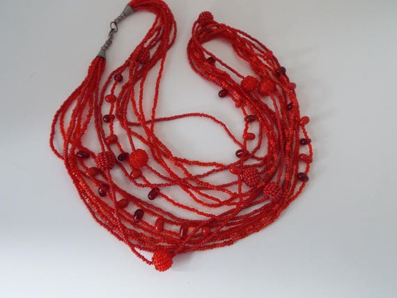 34" Tribal African  Boho red coral seed bead  red… - image 2