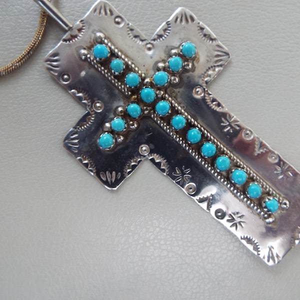 JP Ukestine cross Jason Pearl Ukestine Zuni sterling silver turquoise cross large turquoise pendant  Zuni necklace chain 18"