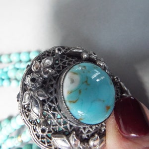 antique Art Nouveau sterling silver turquoise Czech glass filigree fur clip dress clip image 5