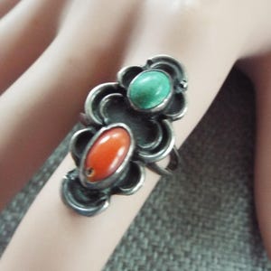 old pawn sterling silver Navajo turquoise coral  ring size 6  long 1.2" Zuni southwest