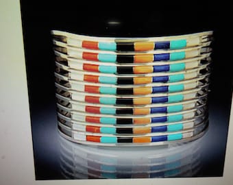 Anson and Leticia Wallace Sterling silver signed ALW inlay cuff bracelet southwest  53.7 grams Zuni  10 bands turquoise MOP coral onyx