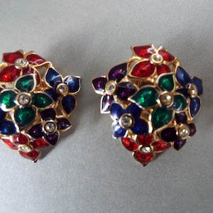 chunky multi color enamel  flower cluster domed gold plated clip earrings