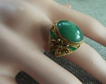 gold vermeil on silver Aventurine jade adjustable ring Chinese export cloisonne enamel Art Deco filigree