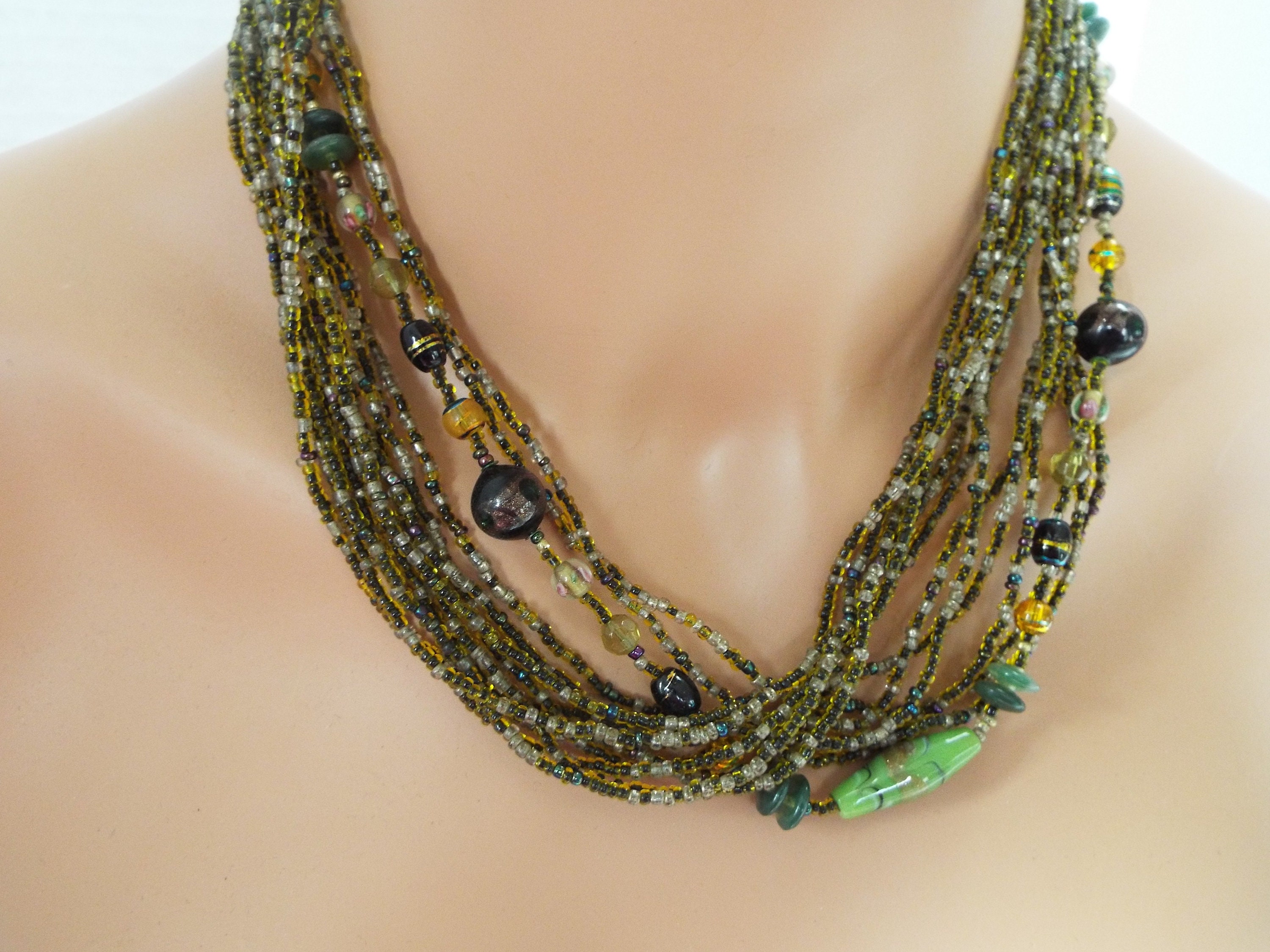 Esmor Necklace Sage Green Glass Seed Beaded Necklace Multi Etsy UK