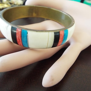 inlay painted bone brass bangle chunky Boho bold  bracelet tribal