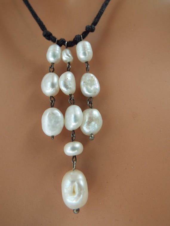 waterfall cultured pearl Y necklace black  cord R… - image 2