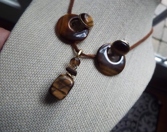 tiger's eye pendant earrings   jewelry set tiger eye semi precious stone necklace earrings adjustable tiger eye hoop earrings
