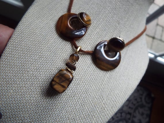 tiger's eye pendant earrings   jewelry set tiger eye semi precious stone necklace earrings adjustable tiger eye hoop earrings
