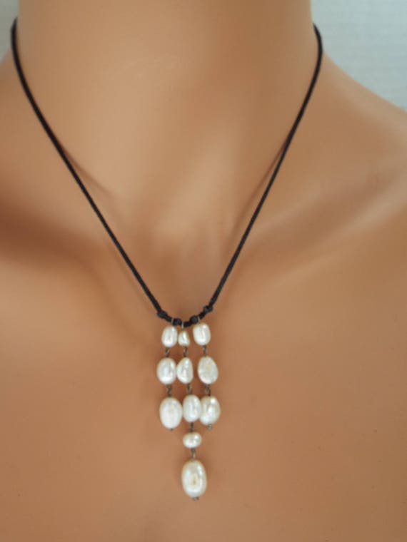 waterfall cultured pearl Y necklace black  cord R… - image 1