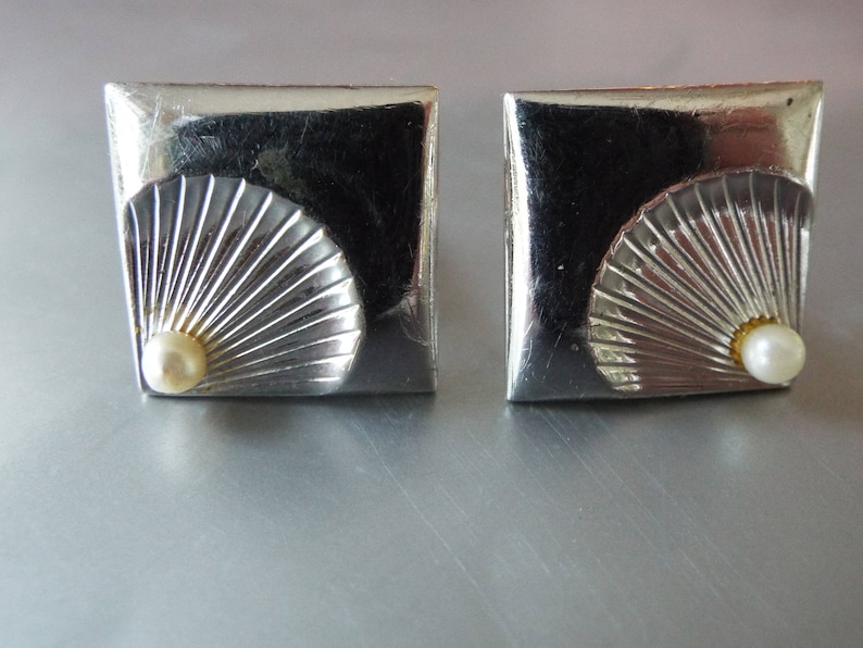 Swank Retro silver plated square cultured pearl shell cuff links modernist tux tuxedo set groomsmen