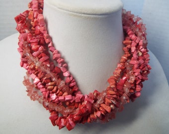 chunky statement necklace multi strand twisted beaded coral chips rose quartz chips coral jade chips  8 strands gemstone chips