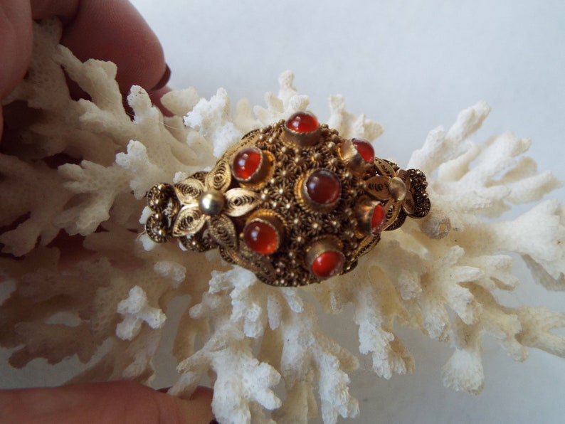 Chinese export brooch cannetille silver filigree Chinese carnelian brooch gold over sterling silver brooch pin hallmarked orange jade