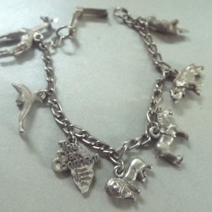 May include: A silver charm bracelet with various animal charms, including a giraffe, a dolphin, a lion, and a hippopotamus. The bracelet also features a charm with the text "The Dark Continent".