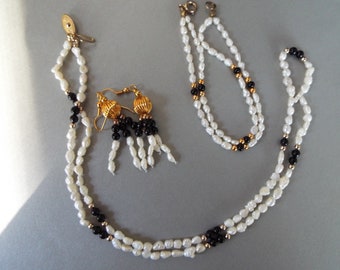 3 piece set freshwater pearl onyx jewelry set necklace bracelet earrings gold plated bridal wedding jewelry