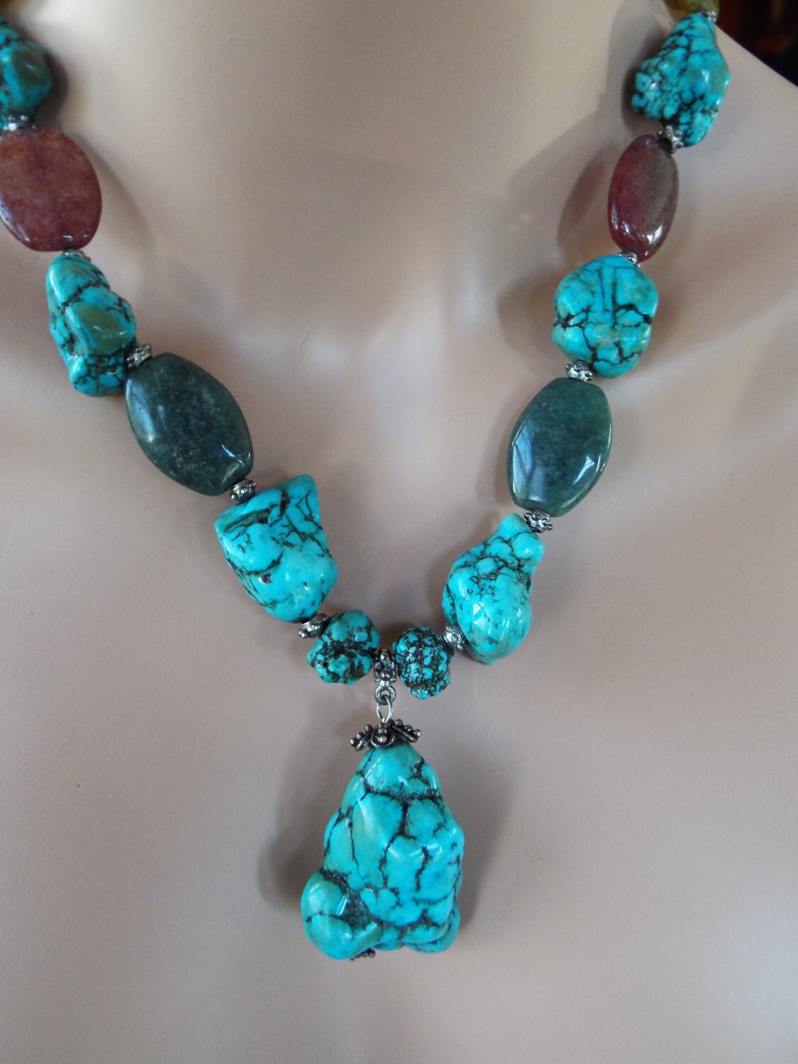Large Chunky Dyed Howlite Turquoise Nugget Y Necklace With Large Quartz ...