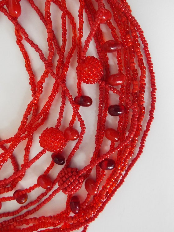 34" Tribal African  Boho red coral seed bead  red… - image 3
