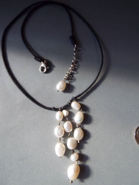 waterfall cultured pearl Y necklace black  cord R… - image 3