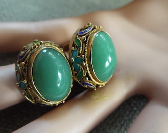 art deco cloisonne enamel Chinese Export gold vermeil on silver Aventurine  jade clip on earrings marked