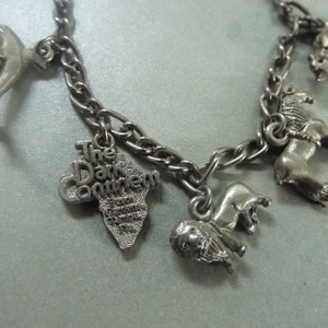 May include: A silver charm bracelet with various animal charms, including a lion, elephant, and a zebra. The bracelet also features a charm with the text "The Dark Continent".