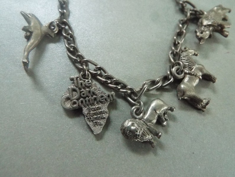 May include: A silver charm bracelet with various animal charms, including a lion, elephant, and a zebra. The bracelet also features a charm with the text "The Dark Continent".