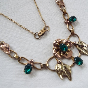 antique gold filled rose gold over sterling silver  emerald green rhinestone  floral leaf chain link necklace wedding
