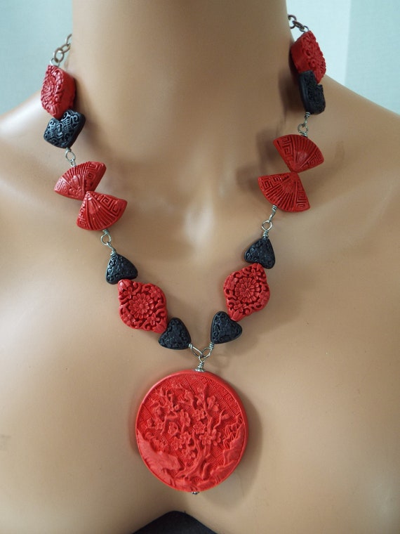 handcrafted  red and black carved cinnabar beaded 
