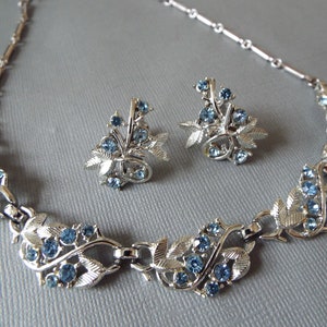 Coro light blue rhinestone Rhodium plated silver leaf necklace screw back earring set demi parure 16&quot; chocker signed wedding bridal
