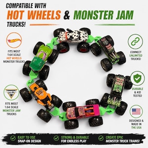 May include: A set of green plastic connectors linking six toy monster trucks in a circle. The text reads COMPATIBLE WITH HOT WHEELS & MONSTER JAM TRUCKS, FITS MOST 1:64 SCALE HOT WHEELS MONSTER TRUCKS, FITS MOST 1:64 SCALE MONSTER JAM TRUCKS.