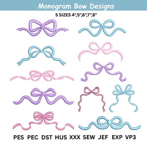 Monogram Bow Embroidery Designs, Satin Ribbon Bow Frame Bundle, Coquette ties PES DST
