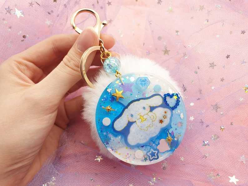 Cinnamoroll Handmade Faux Pom Pom, Resin, Keychain, Kawaii, Bow, Glitter, Geeniejay, blue, pastel, cute, space, gold, white, cosmic