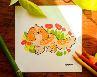 Spaniel Small Square Print - Pet Dog - Cute & Kawaii Art - Cute Postcard - Animals and Nature - British Woodland - Geeniejay - Illustration
