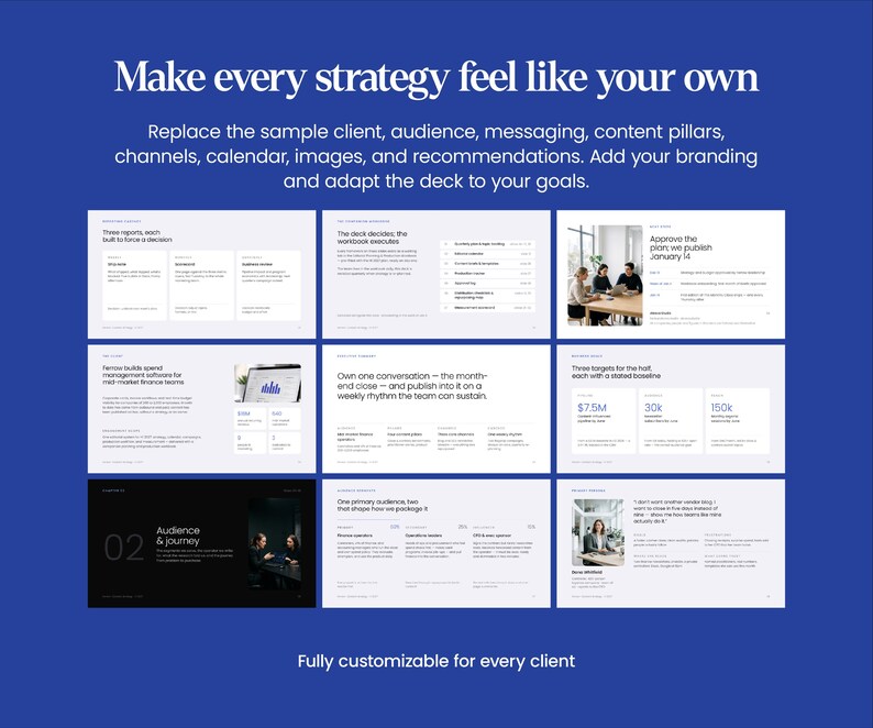 May include: A digital presentation template featuring a deep blue background with white text. The main heading reads, Make every strategy feel like your own. It displays nine distinct slide layouts containing text, charts, and photographs, with the footer text, Fully customizable for every client.