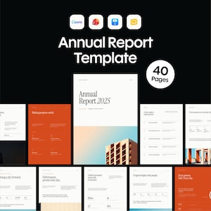 May include: An annual report template featuring 40 pages with a modern design. The layout includes white and orange backgrounds, serif typography, and architectural imagery. Icons for Canva, PowerPoint, Keynote, and Google Slides are displayed.
