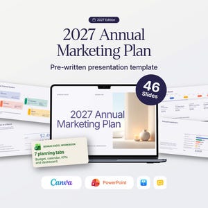 Marketing Plan Template 2027, Pre-Written Marketing Strategy Presentation Deck for Canva & PowerPoint + Excel Budget Workbook